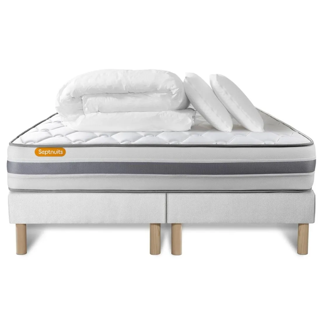 SeptnuitsPack matelas double sommiers Memo Spring Ressorts ensaches 3 zones MAXI epaisseur Couette et 2 oreillers