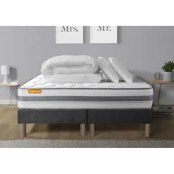 SeptnuitsPack matelas double sommiers gris Memo Spring Ressortsavec Couette et 2 oreillers