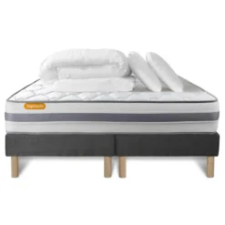 SeptnuitsPack matelas double sommiers gris Memo Spring Ressortsavec Couette et 2 oreillers