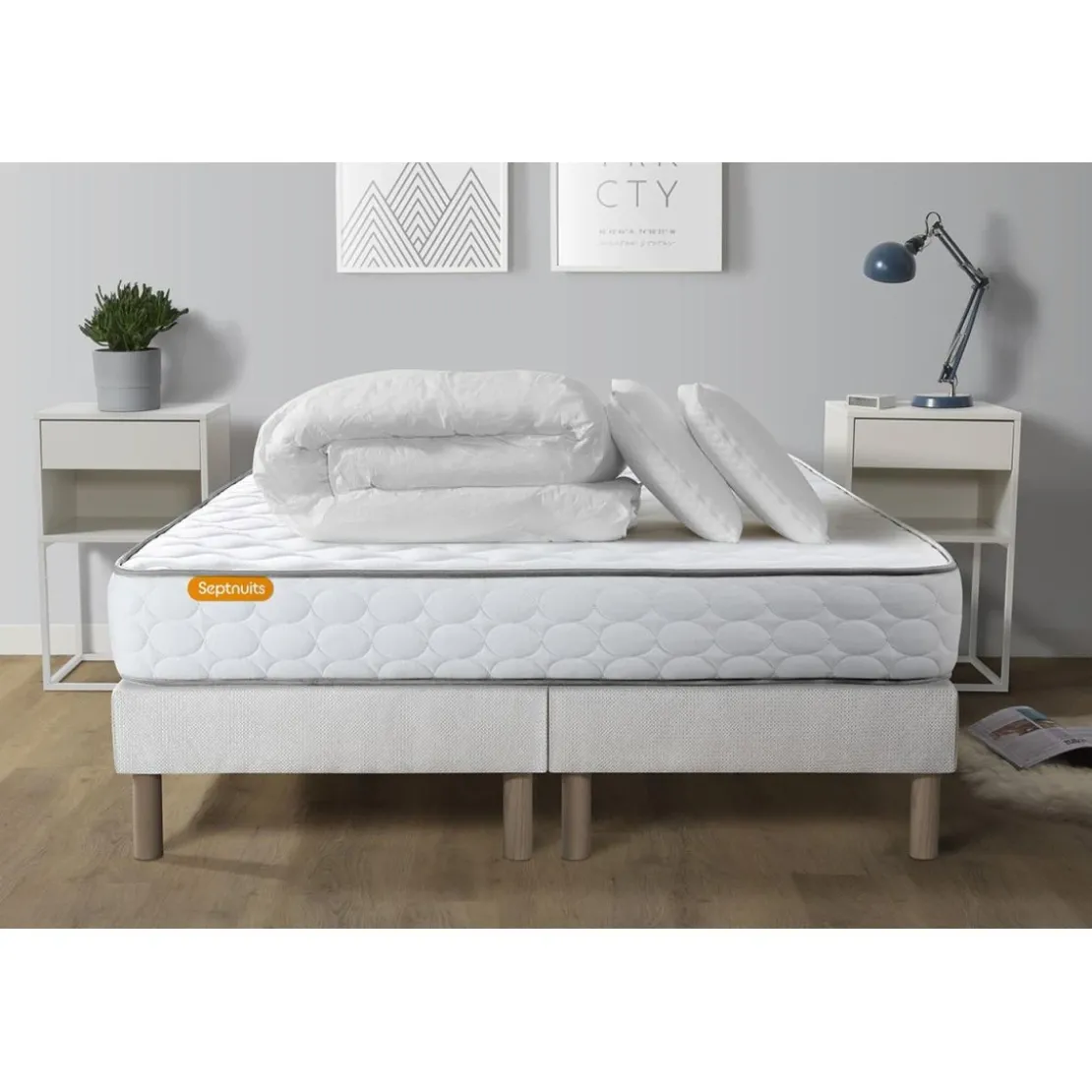 SeptnuitsPack matelas double sommiers avec 2 oreillers memoire de forme