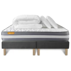 SeptnuitsPACK matelas double sommier gris Memoire de forme 3 zones 2 oreillers couette