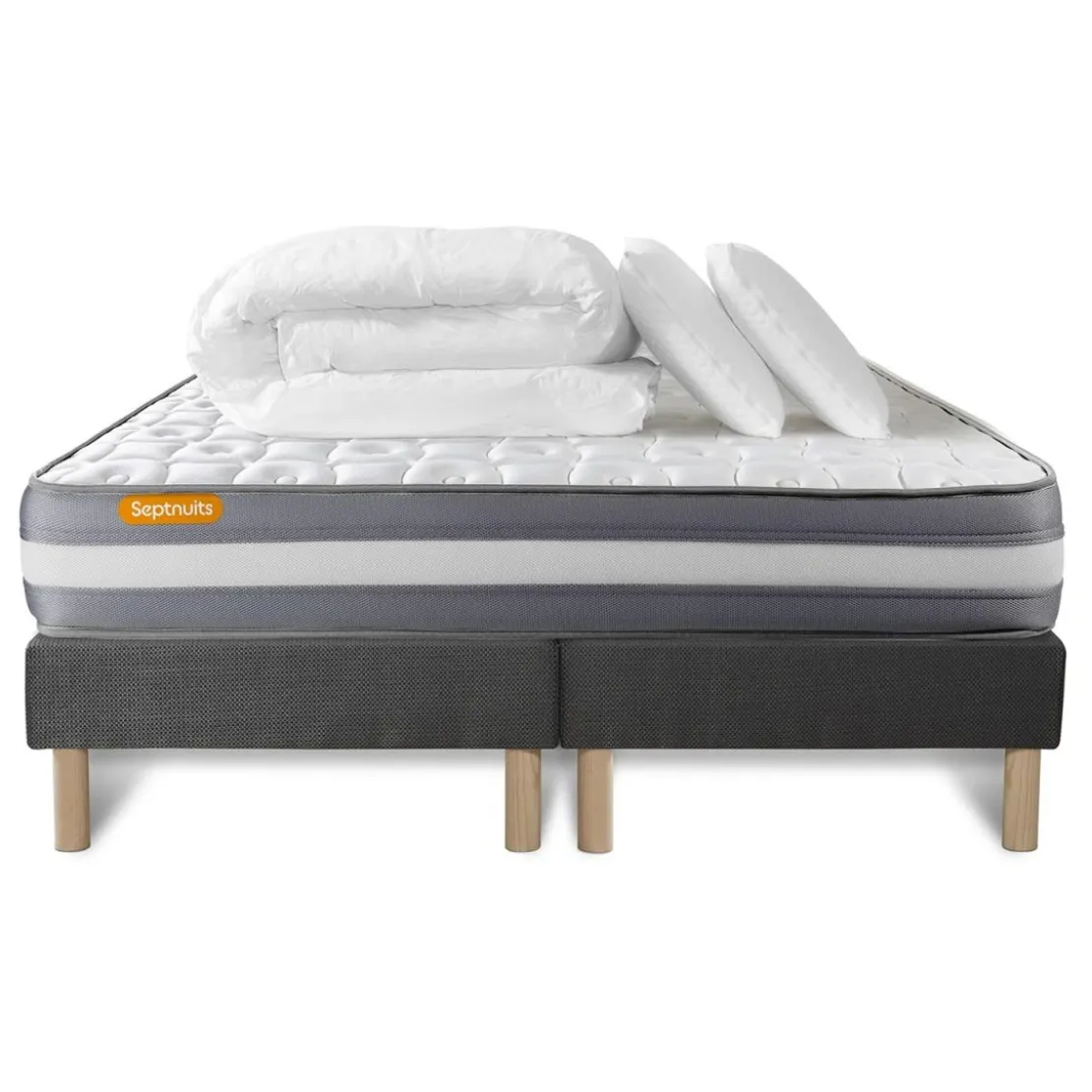 SeptnuitsPACK matelas double sommier gris Memoire de forme 3 zones 2 oreillers couette