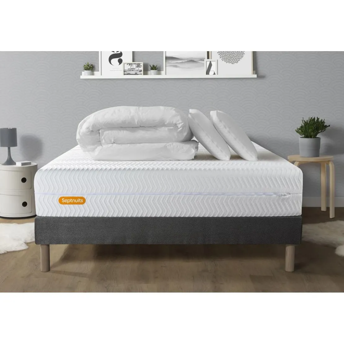 SeptnuitsPack Matelas et sommier gris Memo BioMousse plus Couette et 2 oreillers
