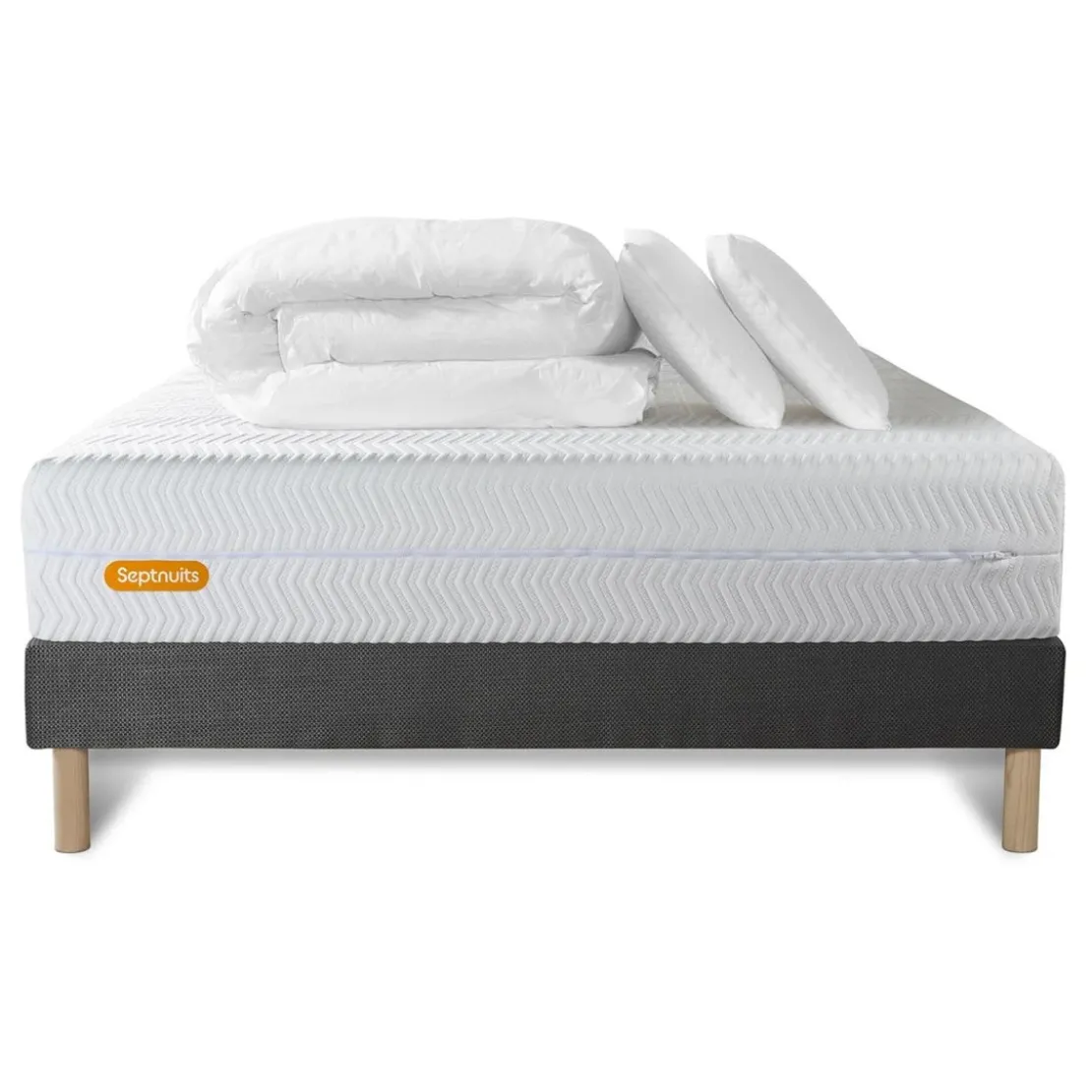 SeptnuitsPack Matelas et sommier gris Memo BioMousse plus Couette et 2 oreillers