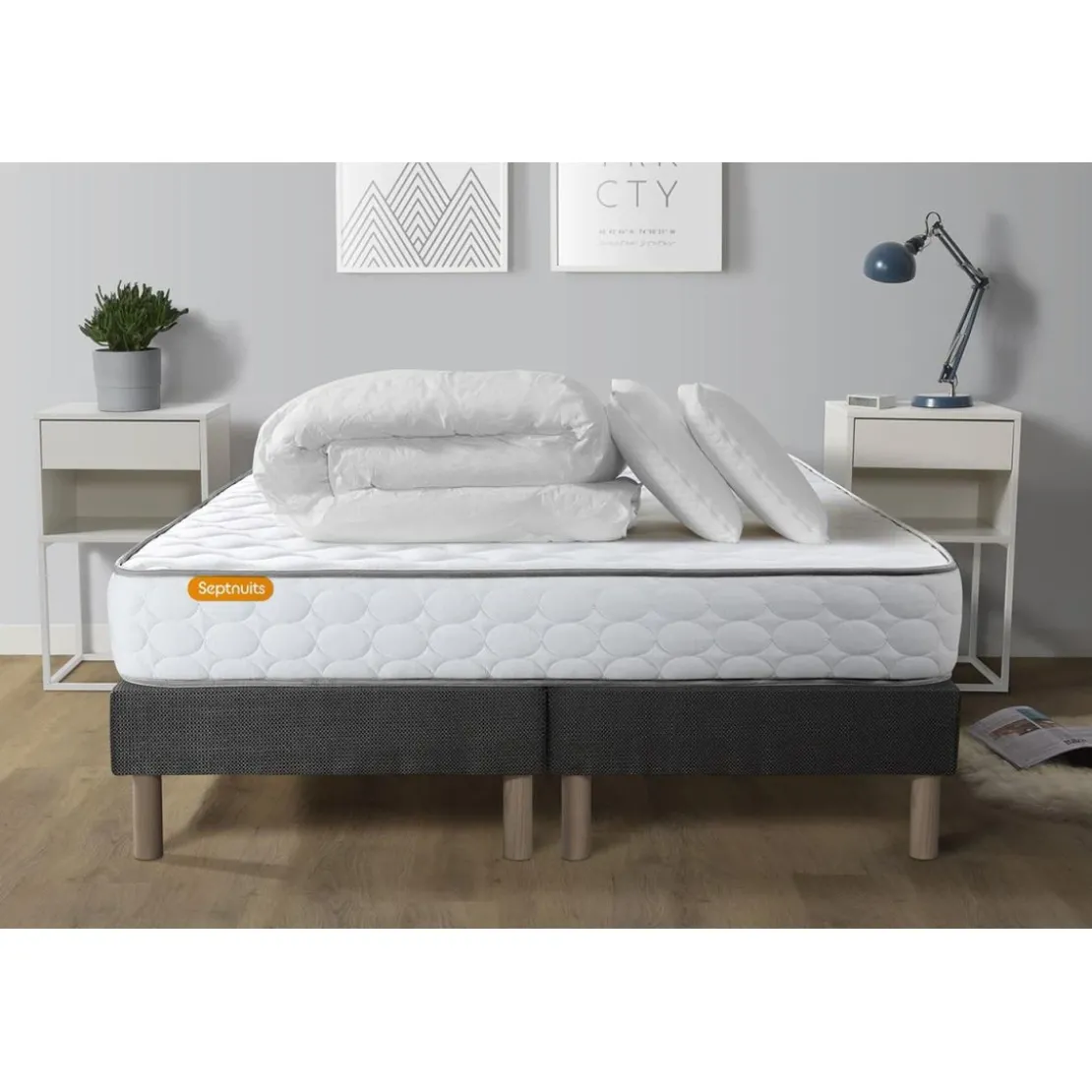 SeptnuitsPack matelas Memo double sommiers gris avec 2 oreillers memoire de forme