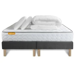 SeptnuitsPack matelas Memo double sommiers gris avec 2 oreillers memoire de forme