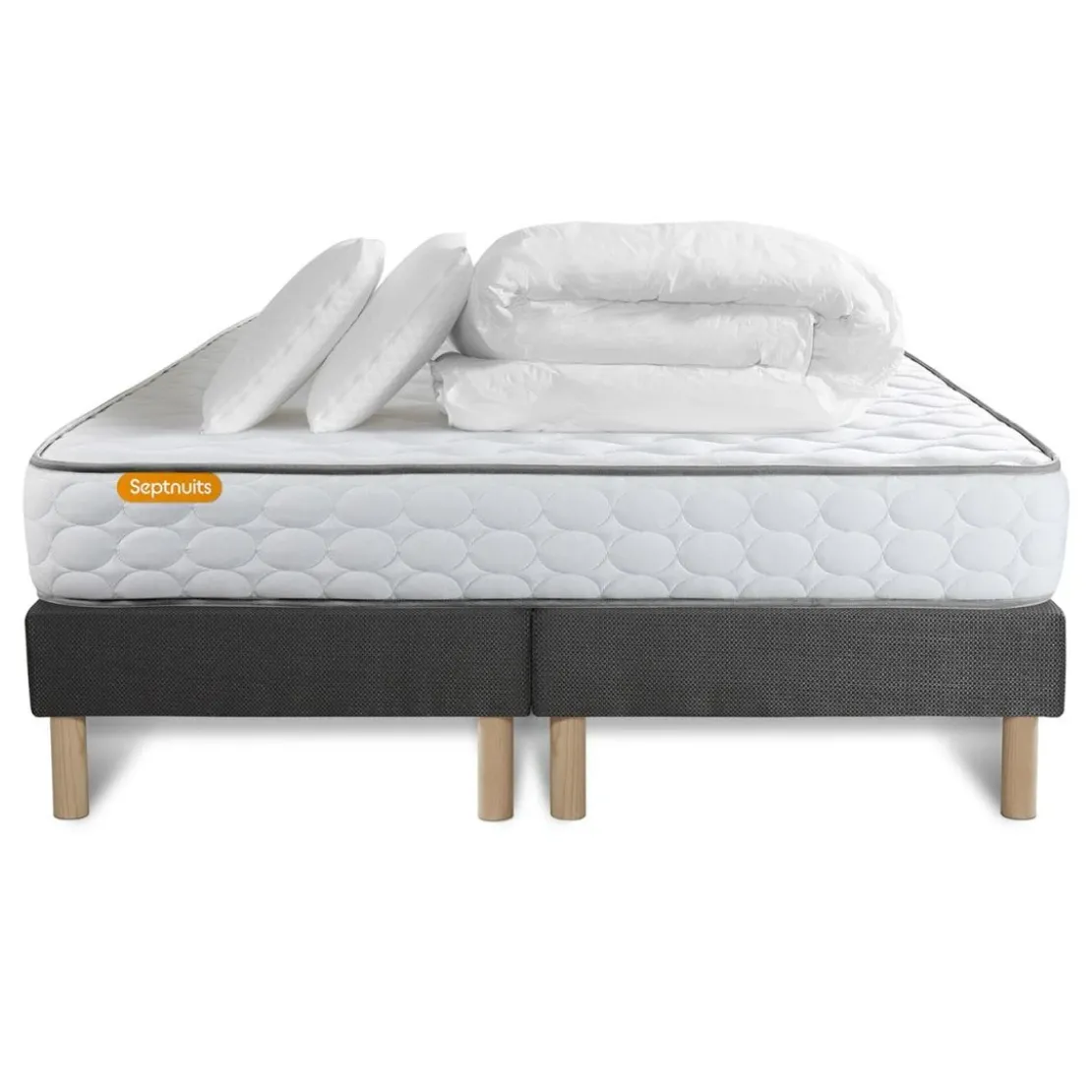 SeptnuitsPack matelas Memo double sommiers gris avec 2 oreillers memoire de forme