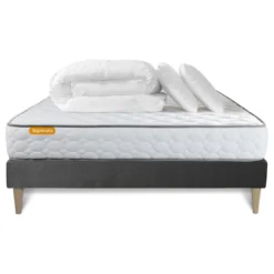 SeptnuitsPack matelas Memo sommier kit gris avec 2 oreillers memoire de forme