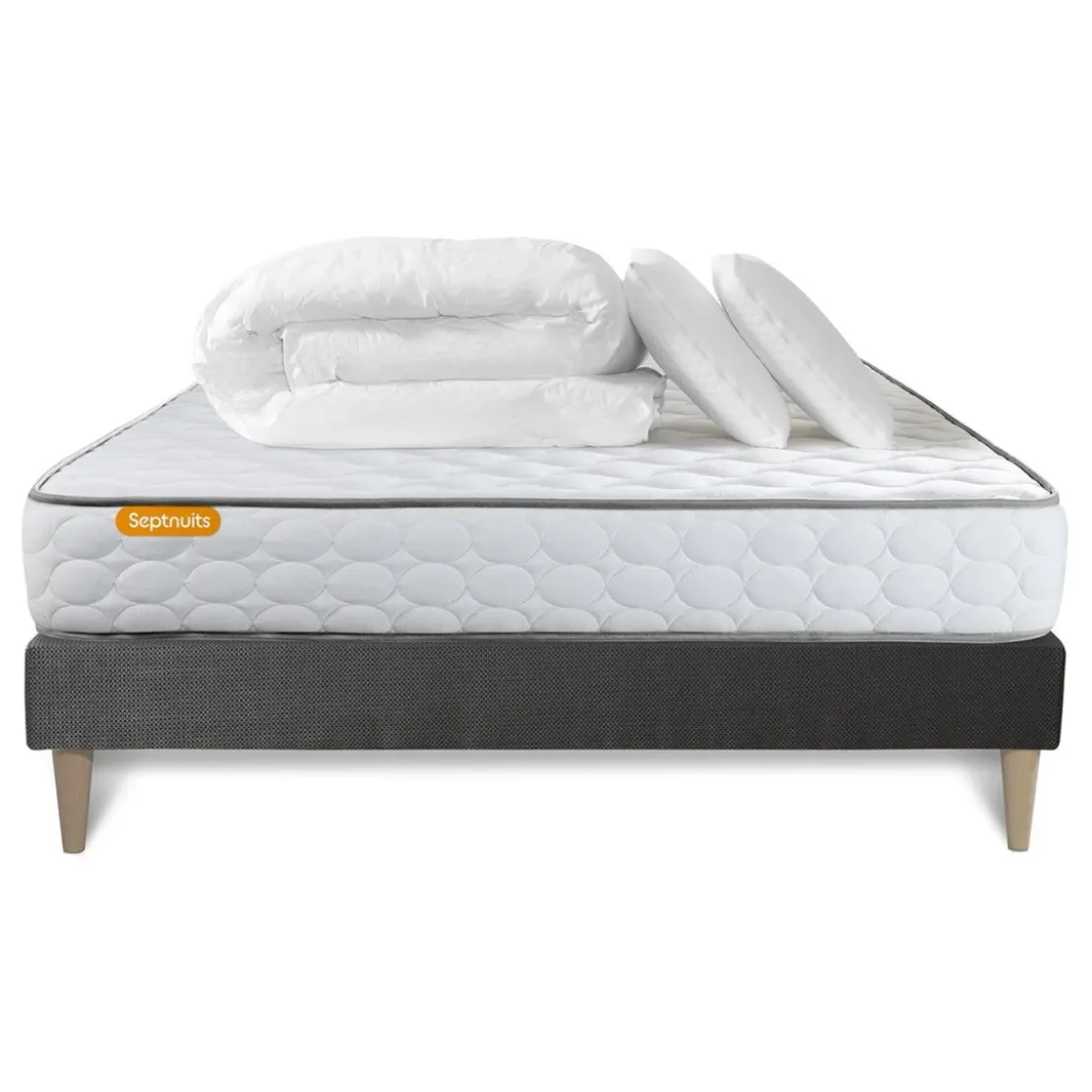 SeptnuitsPack matelas Memo sommier kit gris avec 2 oreillers memoire de forme
