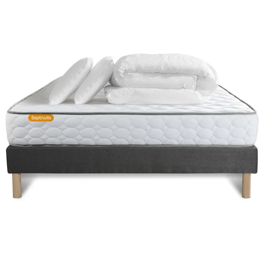 SeptnuitsPack matelas Memo sommier gris avec 2 oreillers memoire de forme