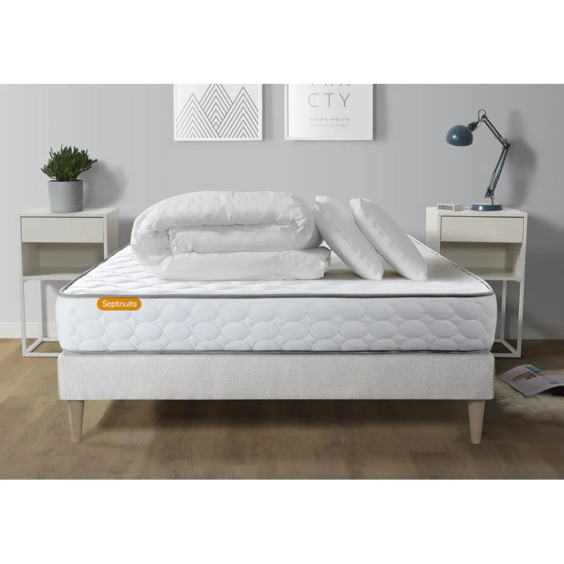 SeptnuitsPack matelas Memo sommier kit blanc avec 2 oreillers memoire de forme