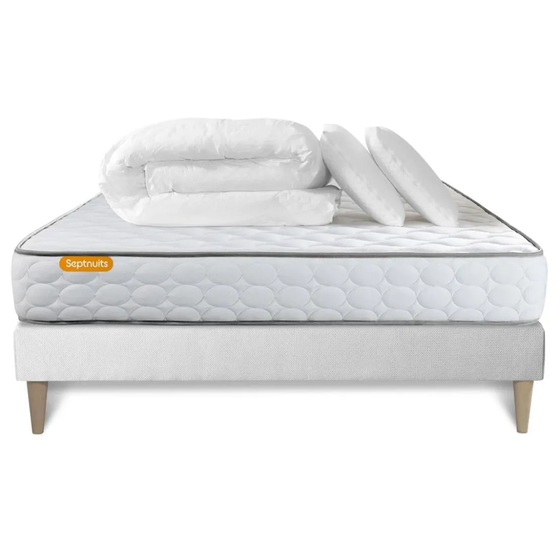 SeptnuitsPack matelas Memo sommier kit blanc avec 2 oreillers memoire de forme