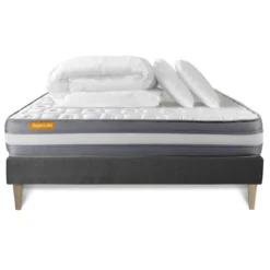 SeptnuitsPACK matelas 2 oreillers couette sommier kit gris Memo Plus Memoire de forme