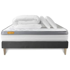 SeptnuitsPack matelas sommier kit gris Mousse a memoire de forme MAXI epaisseur Couette et 2 oreillers