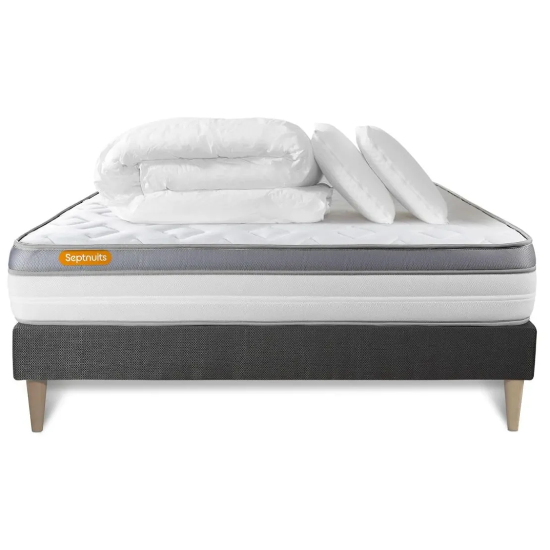 SeptnuitsPack matelas sommier kit gris Mousse a memoire de forme MAXI epaisseur Couette et 2 oreillers