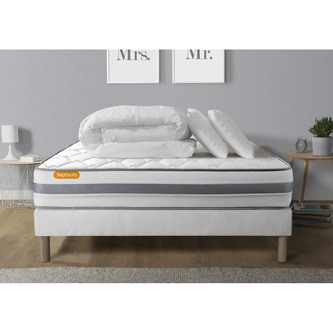 SeptnuitsPack matelas sommier Couette 2 oreillers Memo Spring Ressorts ensaches 3 zones MAXI épaisseur