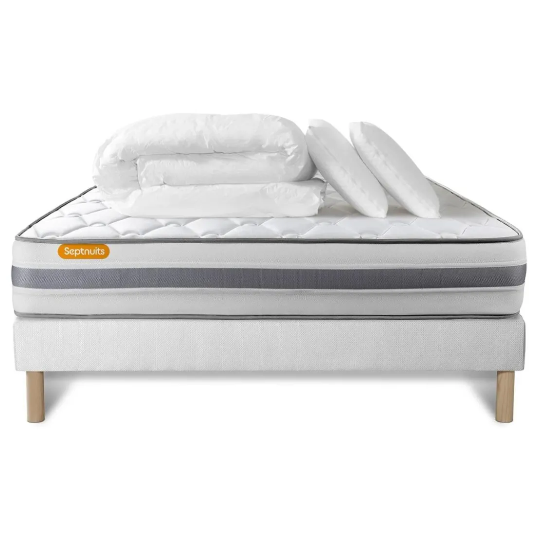 SeptnuitsPack matelas sommier Couette 2 oreillers Memo Spring Ressorts ensaches 3 zones MAXI épaisseur