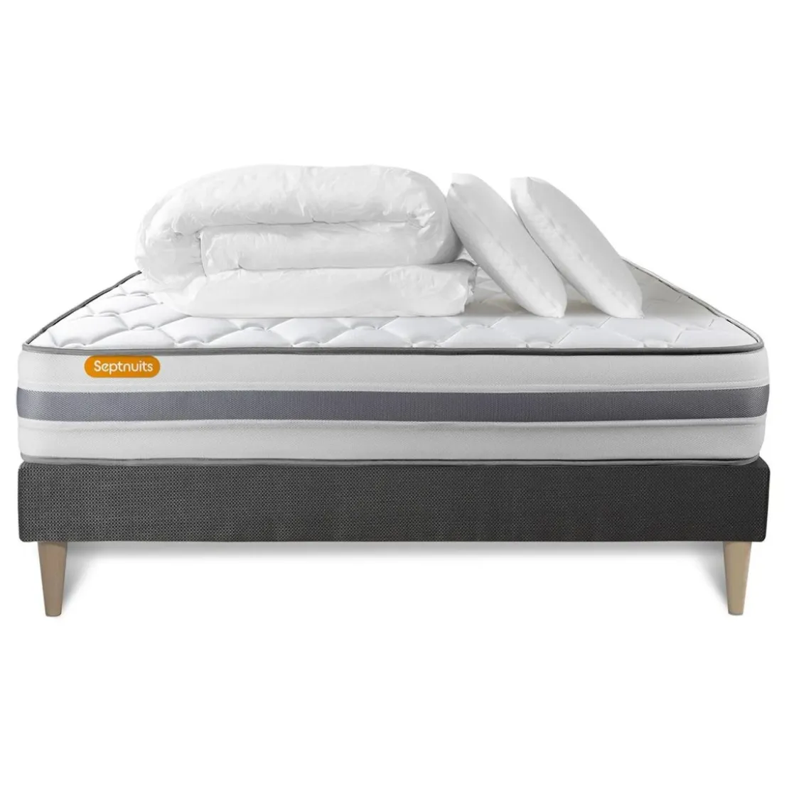 SeptnuitsPack matelas sommier kit gris Memo Spring Ressorts ensaches MAXI epaisseur