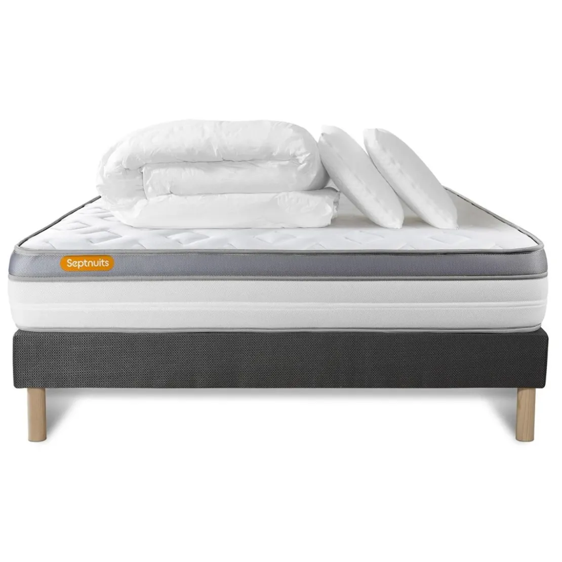 SeptnuitsPack matelas sommier gris Mousse à mémoire de forme 5 zones de confort MAXI epaisseurCouette 2 oreillers