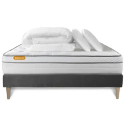 SeptnuitsPack matelas sommier kit gris Luxe Ressorts memoire de formeCouette et 2 oreillers