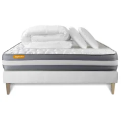 SeptnuitsPACK matelas sommier kit blanc Memo Plus Memoire de forme 2 oreillers couette