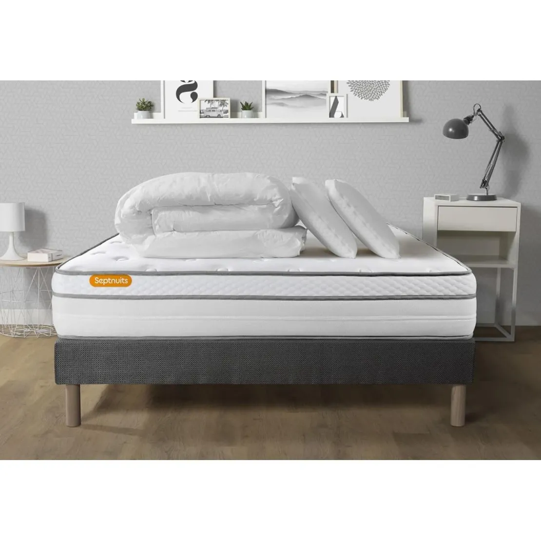 SeptnuitsPack matelas sommier grisLuxe Ressorts memoire de forme 5 zones de confort MAXI epaisseur