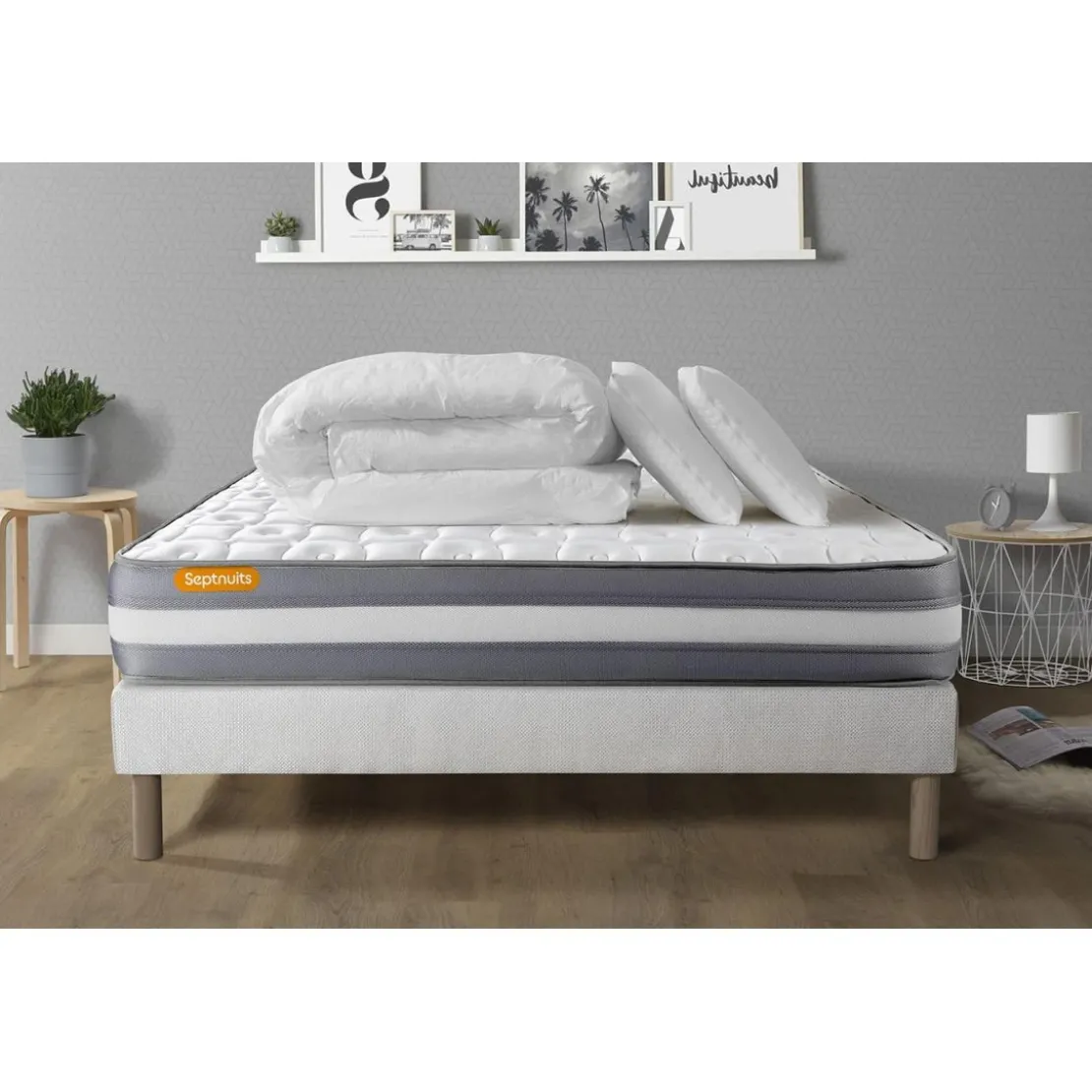 SeptnuitsPACK matelas sommier Memo Plus Memoire de forme 3 zones2 oreillers aveccouette