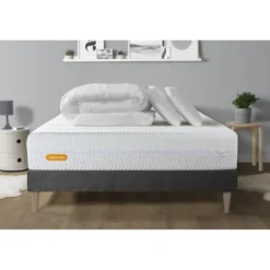 SeptnuitsPack Matelas sommier kit gris Memo Bio Mousse a memoire de forme avec couette et 2 oreillers