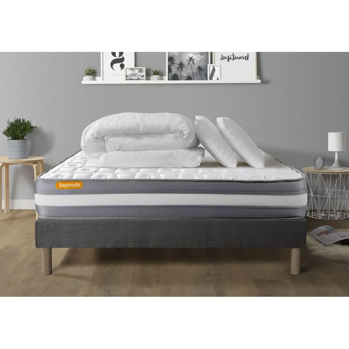 SeptnuitsPACK matelas sommier 2 oreillers et couette gris Memo Plus Memoire de forme 3 zones