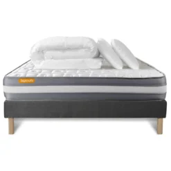 SeptnuitsPACK matelas sommier 2 oreillers et couette gris Memo Plus Memoire de forme 3 zones