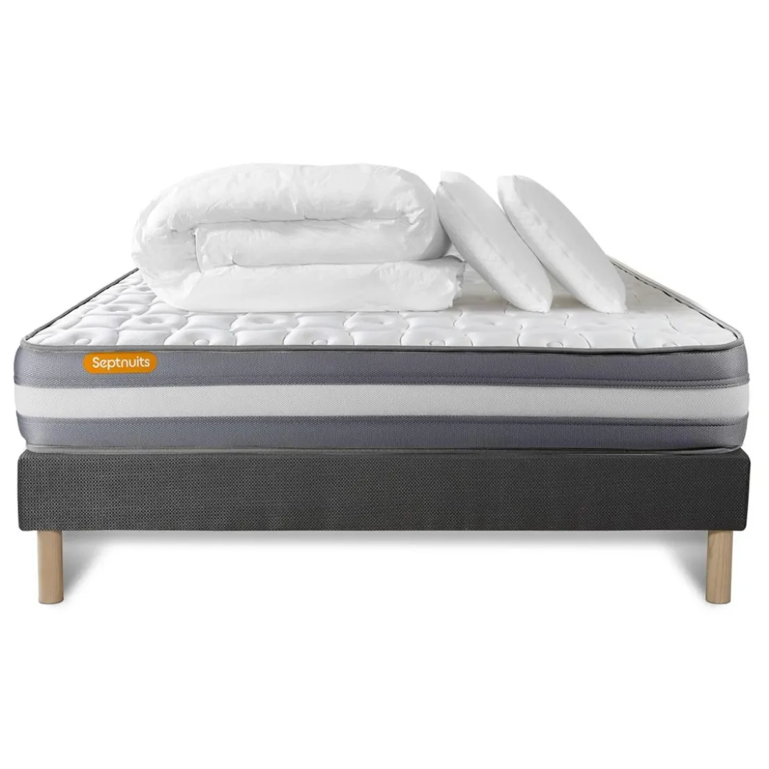 SeptnuitsPACK matelas sommier 2 oreillers et couette gris Memo Plus Memoire de forme 3 zones