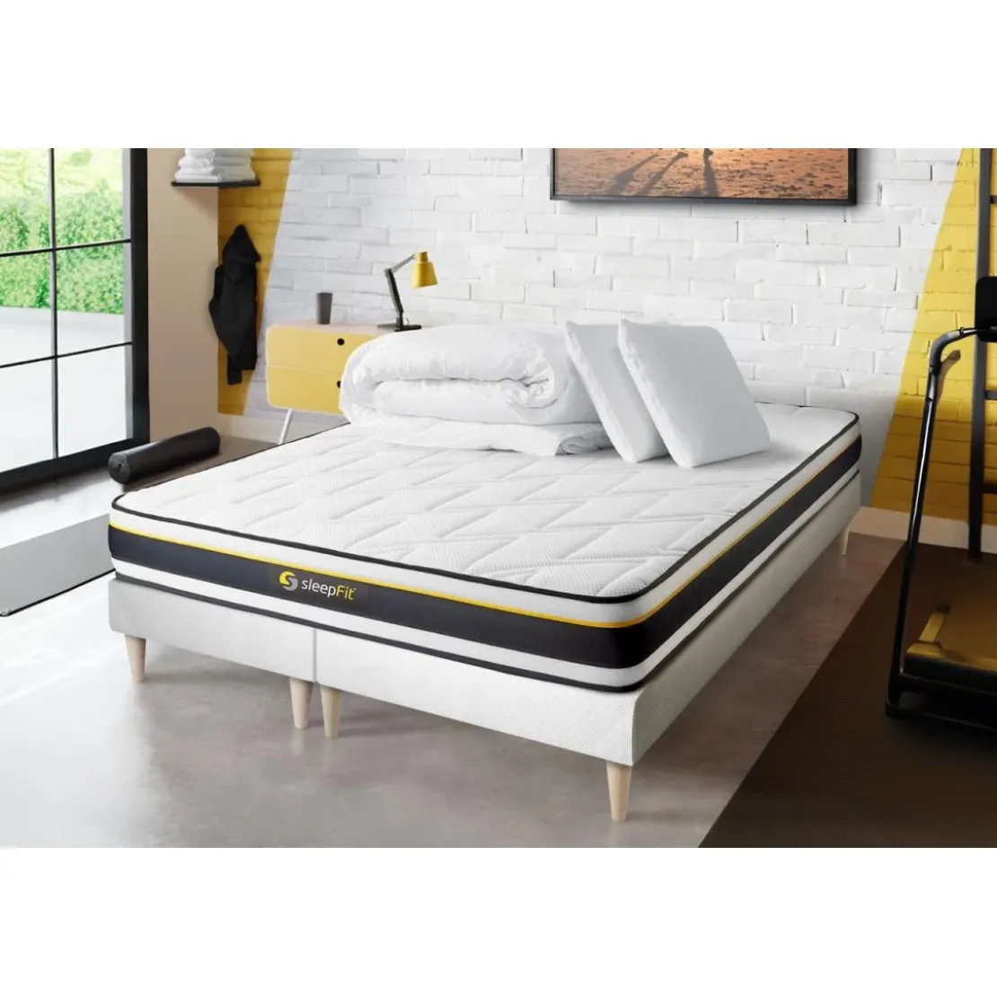 SleepfitPack double sommier matelas SOFT 2 oreillers memoire de forme Couette Percale