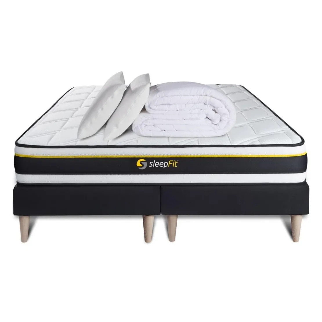 SleepfitPack double sommier matelas SOFT 2 oreillers memoire de forme et Couette Percale