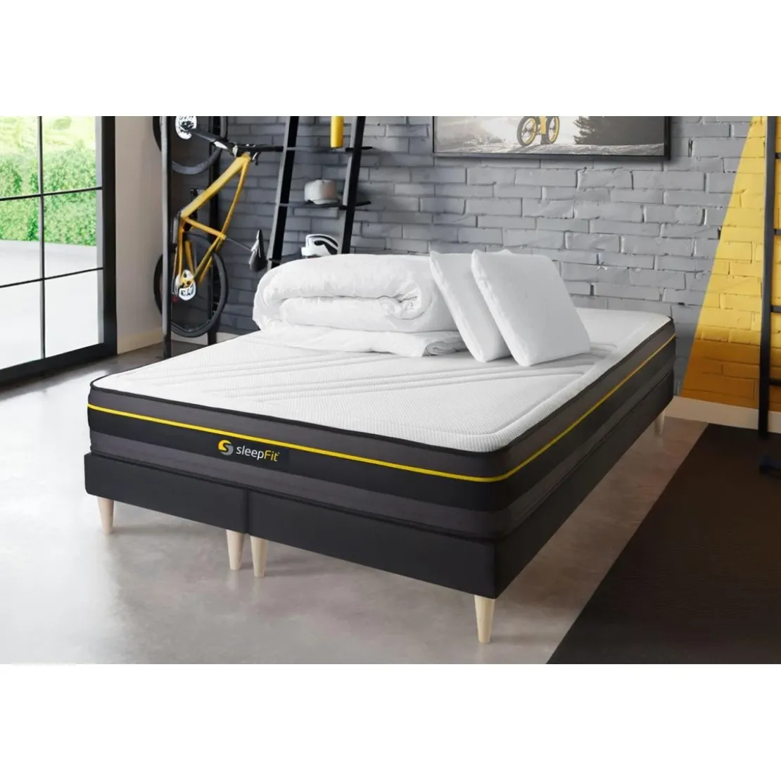 SleepfitPack matelas ACTIVE double sommiers noirCouette et 2 oreillers