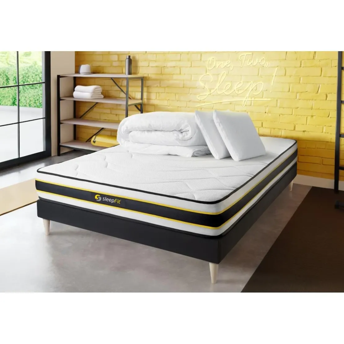 SleepfitPack matelas FLEXY sommier noir Couette et 2 oreillers