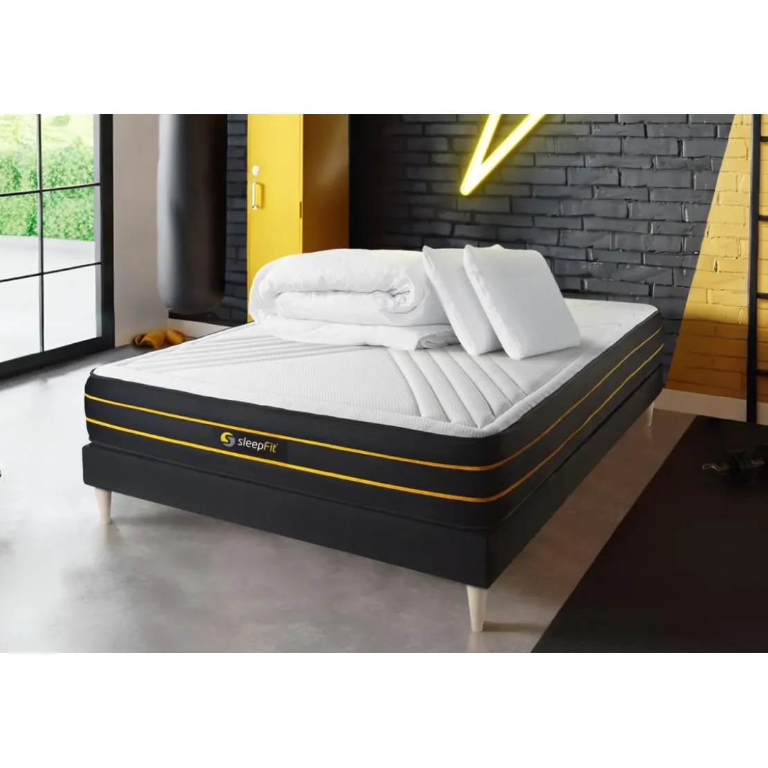 SleepfitPack matelas ULTRA sommier noirCouette 2 oreillers