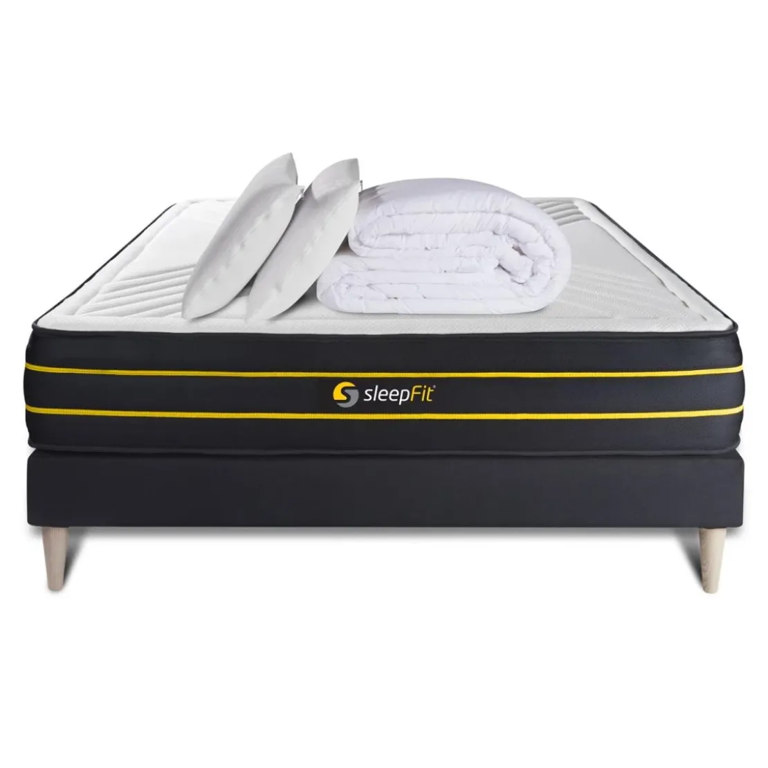 SleepfitPack prêt a dormir matelas ULTRAsommier kit noir2 oreillers memoire de forme et Couette Percale
