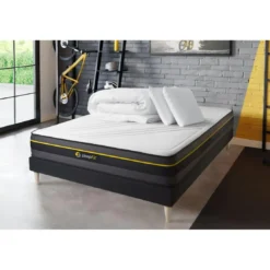 SleepfitPack prêt a dormir matelas sommier kit noir 2 oreillers memoire de forme Couette Percale