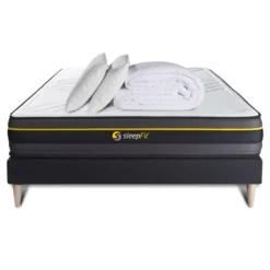 SleepfitPack prêt a dormir matelas sommier kit noir 2 oreillers memoire de forme Couette Percale