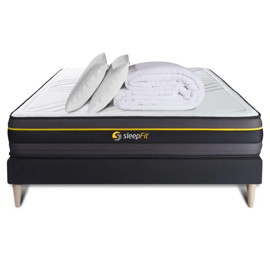 SleepfitPack prêt a dormir matelas sommier kit noir 2 oreillers memoire de forme Couette Percale