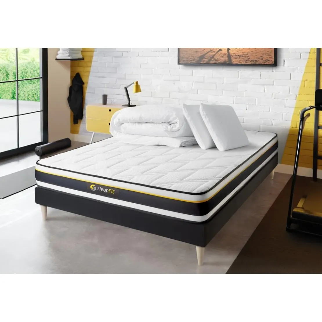 SleepfitPack prêt a dormir matelas SOFT sommier kit noir 2 oreillers memoire de forme Couette Percale