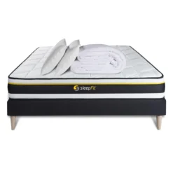 SleepfitPack prêt a dormir matelas SOFT sommier kit noir 2 oreillers memoire de forme Couette Percale