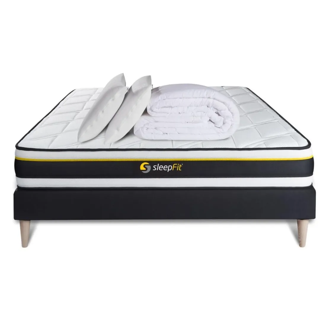 SleepfitPack prêt a dormir matelas SOFT sommier kit noir 2 oreillers memoire de forme Couette Percale