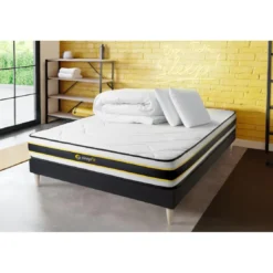 SleepfitPack prêt a dormir matelas FLEXY sommier kit noir 2 oreillers memoire de forme et Couette Percale