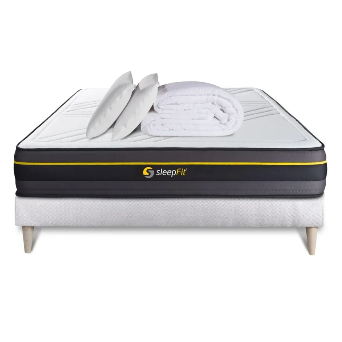 SleepfitPack prêt a dormir matelas ACTIVE sommier kit blanc 2 oreillers memoire de forme et Couette Percale