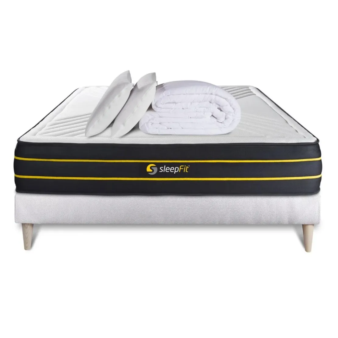 SleepfitPack prêt a dormir matelas ULTRA sommier kit blanc2 oreillers memoire de forme Couette Percale