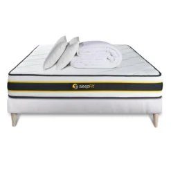SleepfitPack prêt a dormir matelas FLEXY sommier kit blanc2 oreillers memoire de forme et Couette Percale
