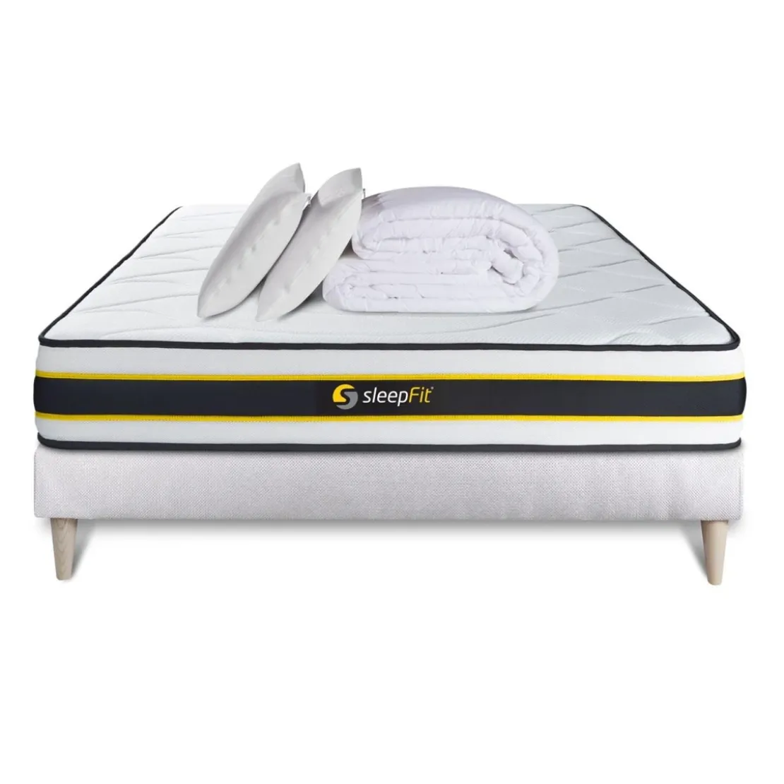 SleepfitPack prêt a dormir matelas FLEXY sommier kit blanc2 oreillers memoire de forme et Couette Percale