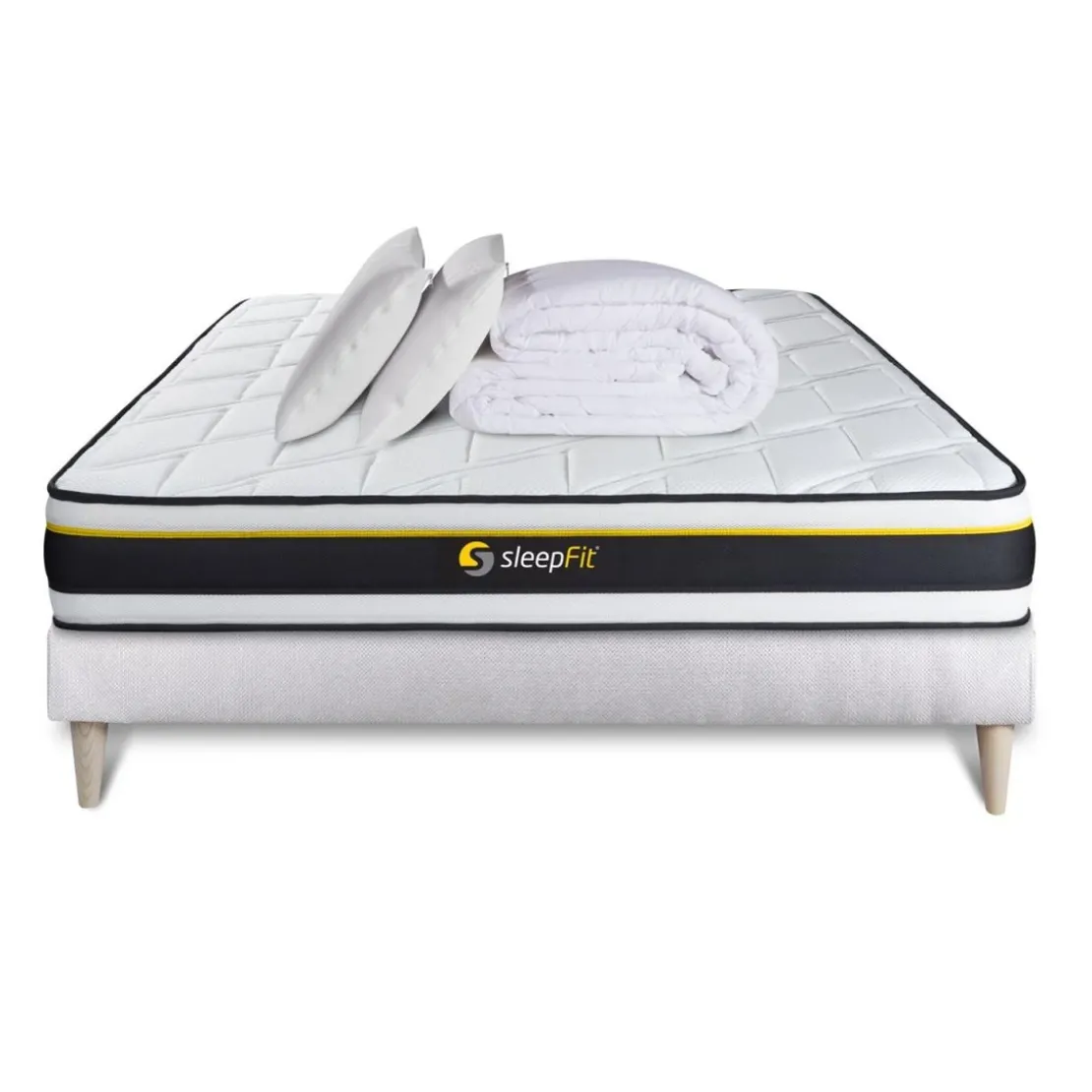 SleepfitPack sommier matelas SOFT 2 oreillers memoire de forme Couette Percale Blanc