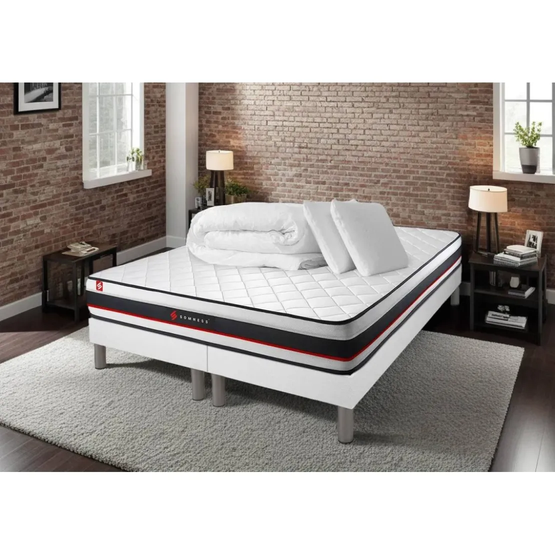 SomnessPack double sommier matelas et 2 oreillers memoire de forme Couette Percale